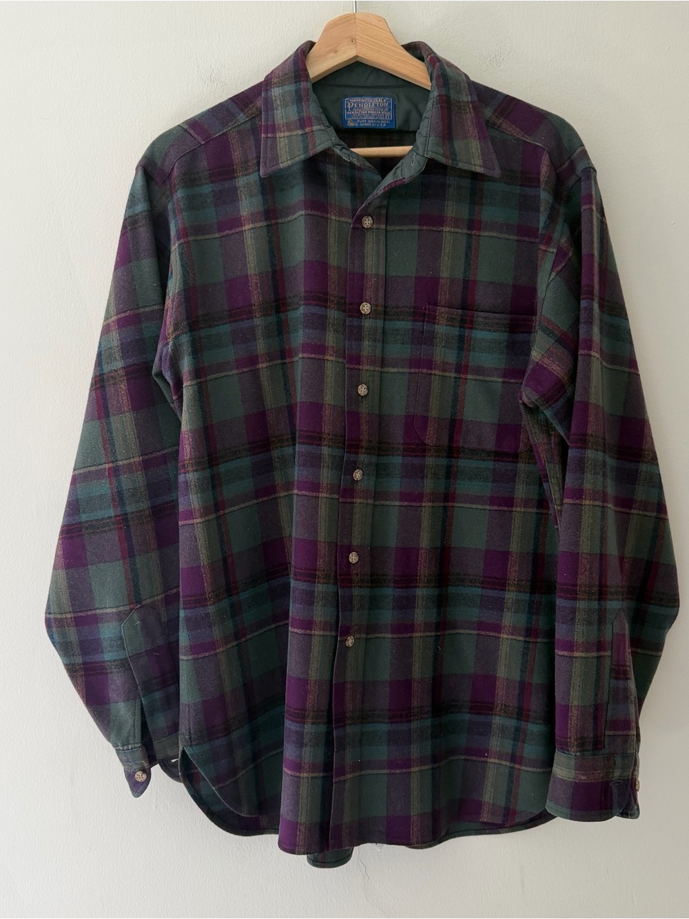 Pendleton Vintage Wool Green Plaid Purple Flannel Shirt Size Large Outdoor